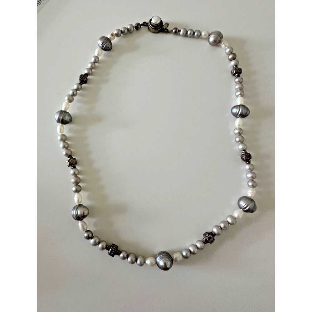 Sterling Silver Grey Pearl Necklace Beaded Iridescent 925 Push Lock 17 in